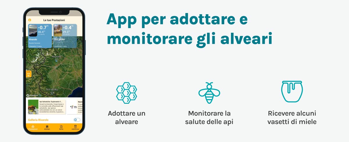 Screen e keypoint di un'app per adottare gli alveari