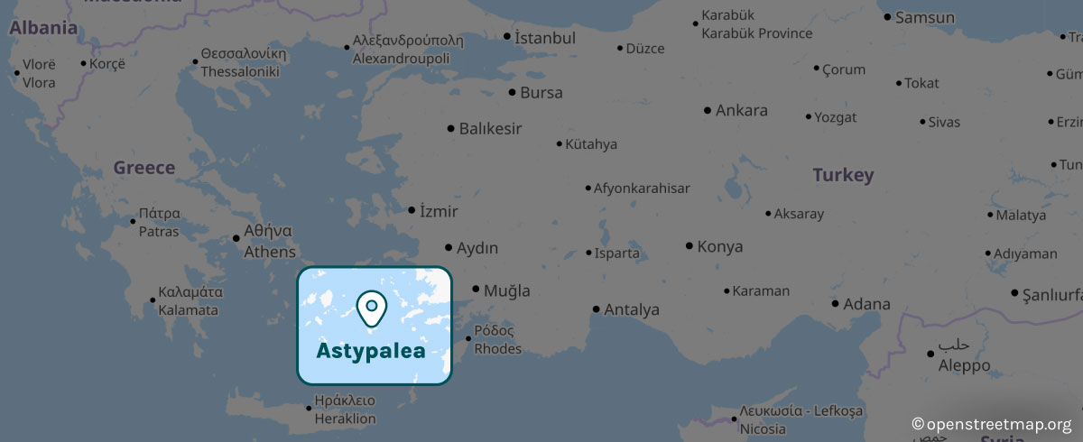 Mappa geografica con focus sulla posizione dell'isola di Astypalea in Grecia