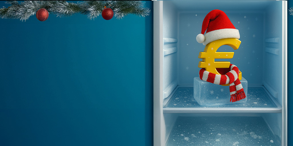 Simbolo dell'euro in abiti natalizi nel congelatore
