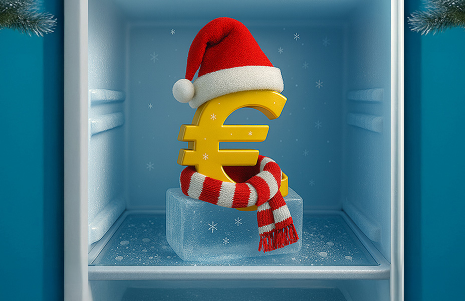 Simbolo dell'euro in abiti natalizi nel congelatore