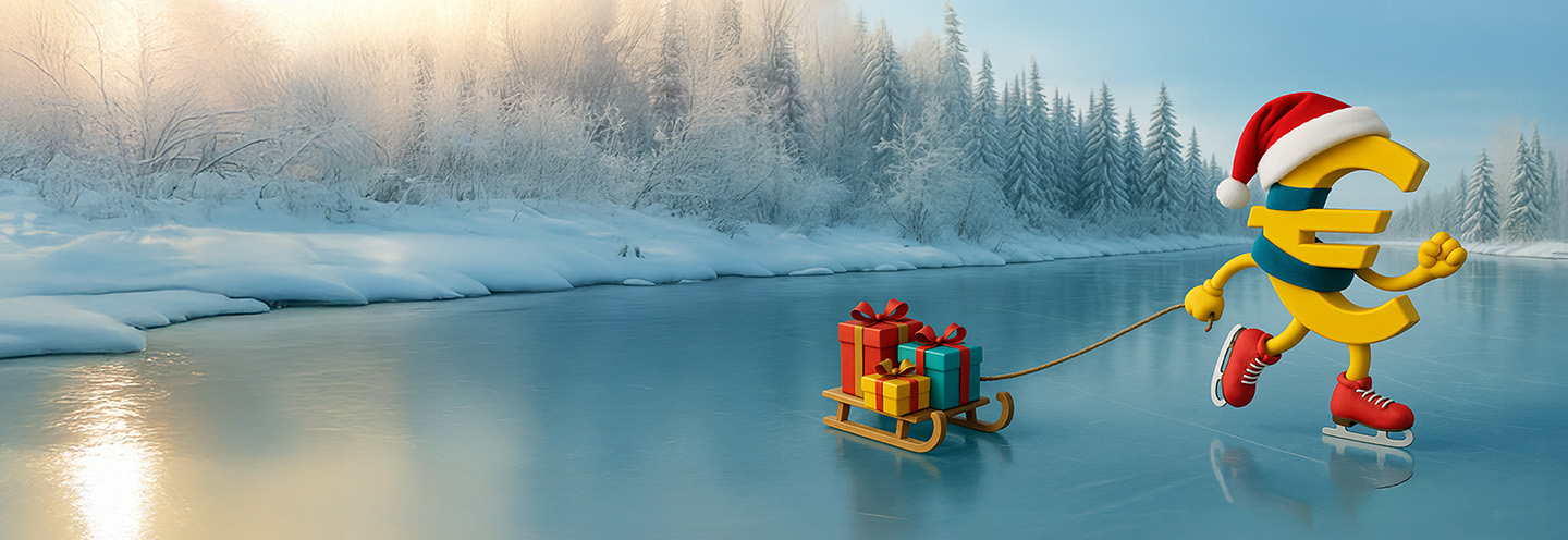 Euro in abiti natalizi che pattina sul ghiaccio
