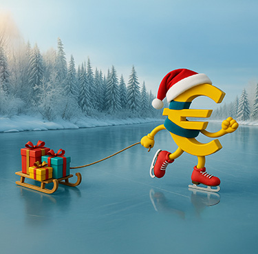 Euro in abiti natalizi che pattina sul ghiaccio